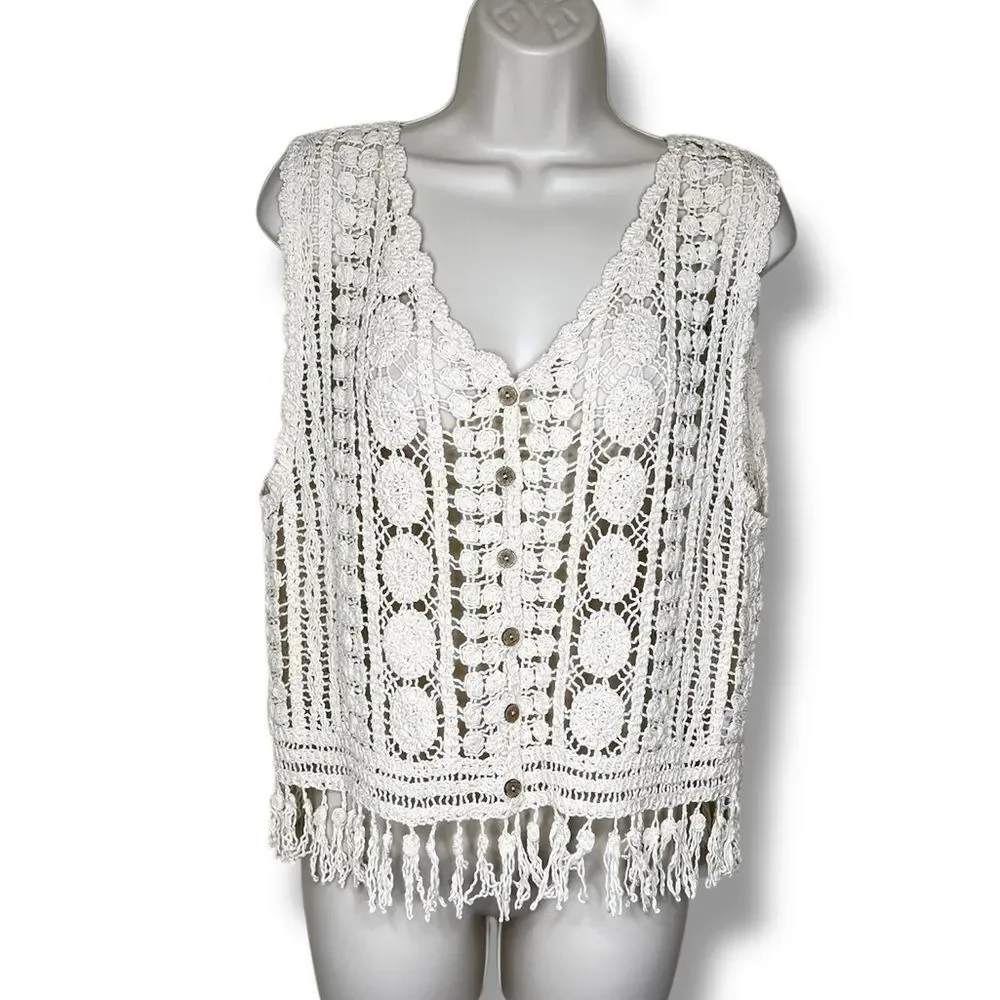Rebellion Crochet Lace Fringe Button Front Cream Boho Vest Cotton Women Small